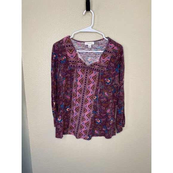 Vintage America Purple Floral Boho Top M Long Sleeve Scoop Neck Lightweight - Picture 1 of 5